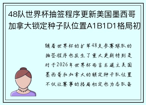 48队世界杯抽签程序更新美国墨西哥加拿大锁定种子队位置A1B1D1格局初定 48队世界杯抽签程序更新美国墨西哥加拿大锁定种子队位置A1B1D1格局初定