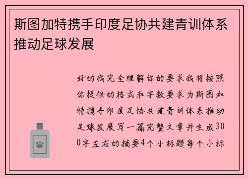 斯图加特携手印度足协共建青训体系推动足球发展 斯图加特携手印度足协共建青训体系推动足球发展